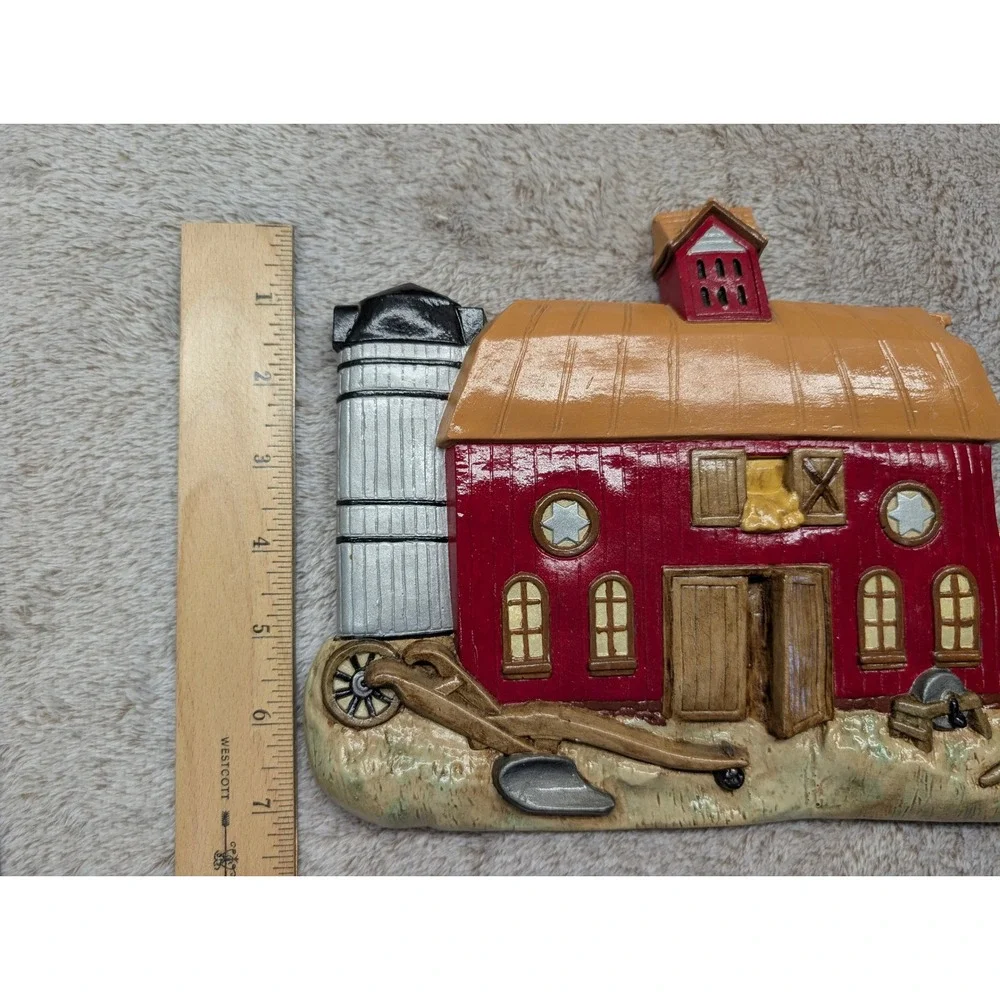Vintage Farmhouse Barn & Country House Chalkware Wall Plaques Hand Painted Pair
